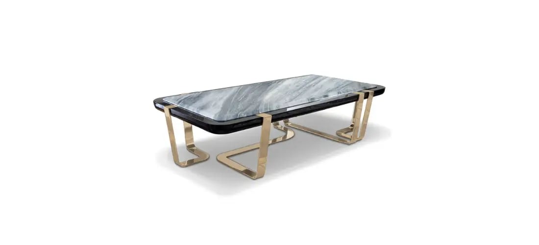 Luxury rectangular marble coffee table featuring a sleek gray marble top, black glossy edges, and gold geometric metal legs, offering a sophisticated and modern touch to any living space.
