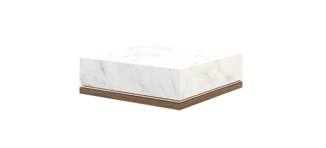 Modern cube-shaped marble coffee table featuring a sleek white marble top with subtle veining, supported by a wooden base with gold accents, offering a minimalist yet luxurious touch to any space.