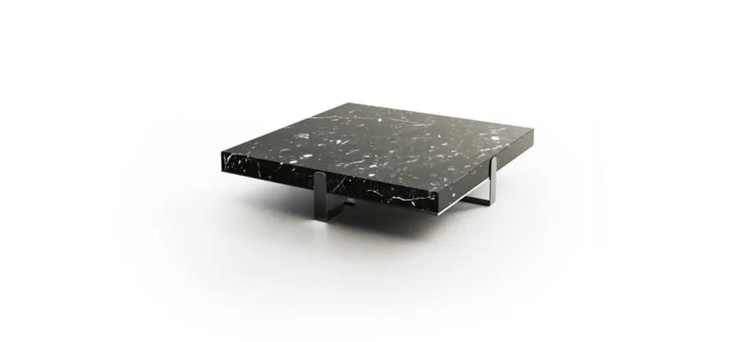 Sleek black marble coffee table with white veining, featuring a low-profile square design and sturdy metal legs, adding a modern and sophisticated touch to any living space.