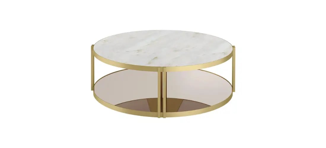 Luxury round marble coffee table featuring a white marble top, gold metal frame, and a mirrored lower shelf, combining elegance and functionality for modern interiors.