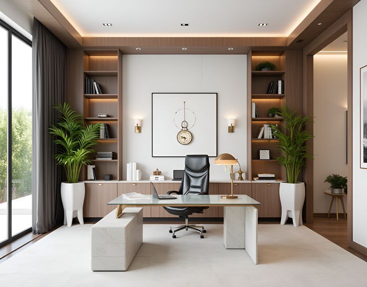 Modern luxury home office with a sleek marble desk, ergonomic black chair, built-in wooden shelving, and elegant lighting design
