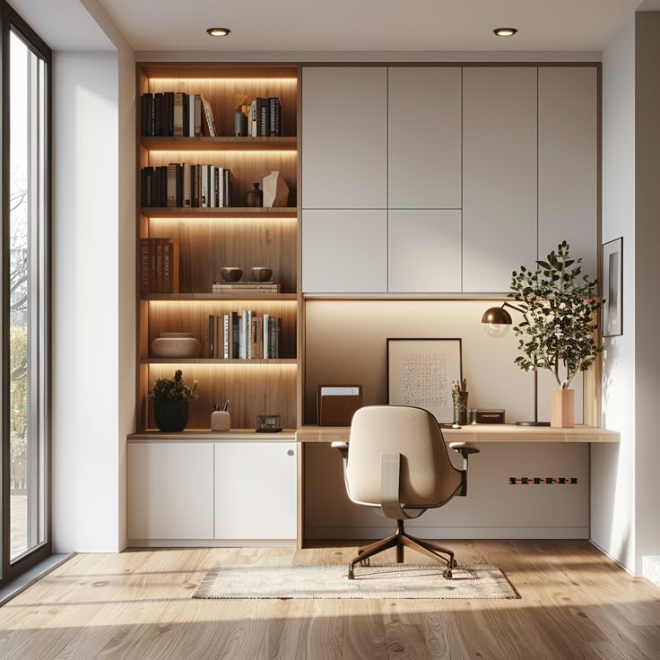 Modern home office with built-in wooden shelving, a sleek desk, warm ambient lighting, and a cozy ergonomic chair