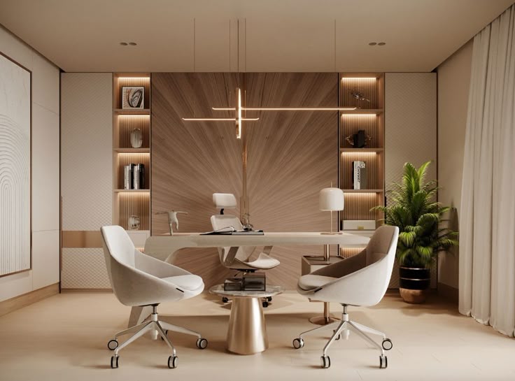 Luxury modern office with a sculptural desk, elegant swivel chairs, built-in illuminated shelving, and sophisticated lighting design.
