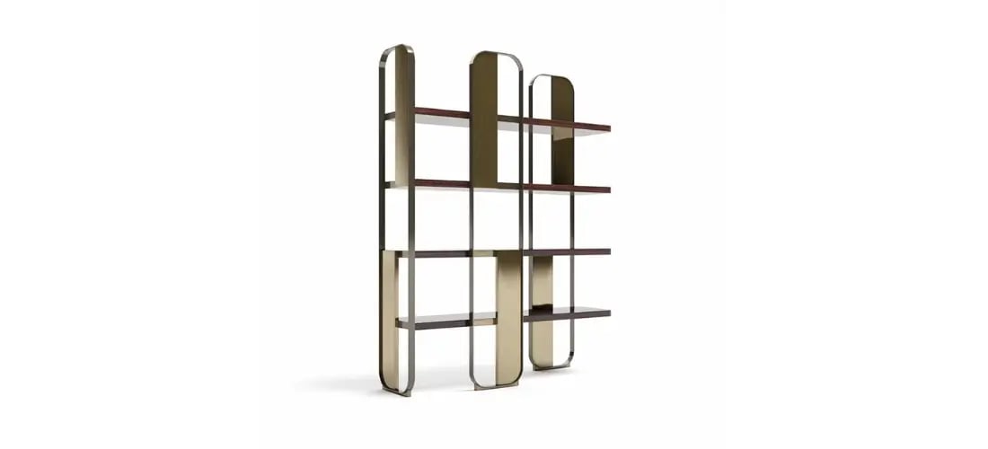 Modern luxury shelving unit with a sleek metal frame and wooden shelves – perfect for stylish home or office storage.