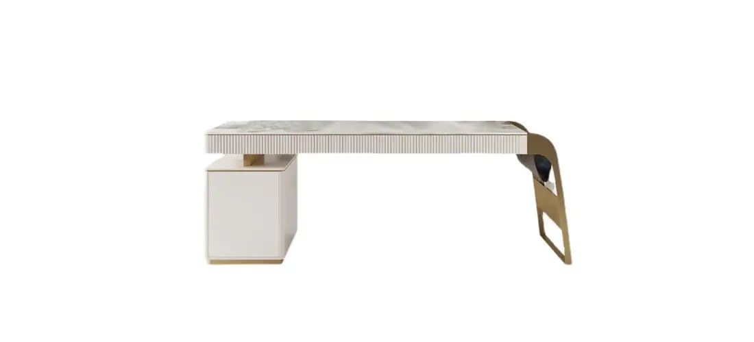 Elegant modern office desk with a marble top, sleek gold accents, and built-in storage – perfect for luxury workspaces.