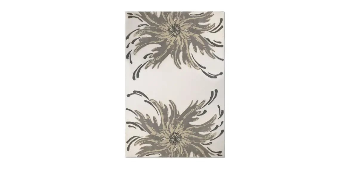 Contemporary rug with bold floral burst design in neutral tones on a cream background – custom artistic carpet by BOLD UAE for modern living rooms.