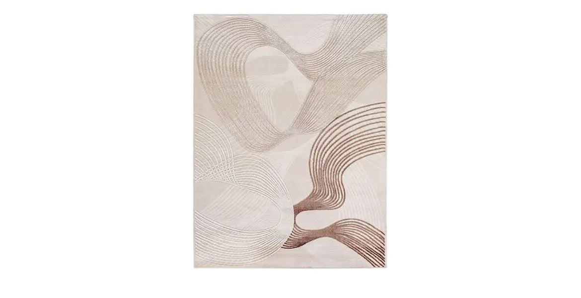 Modern beige rug with abstract wave and line patterns in soft brown tones – elegant custom carpet for contemporary living rooms by BOLD UAE.