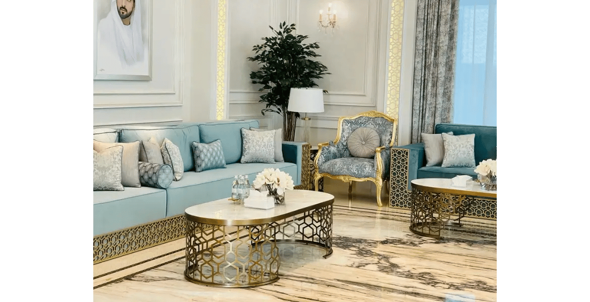 Luxury custom Majlis furniture with gold detailing and Arabic-inspired patterns – elegant traditional seating design by Bold Bespoke Design in the UAE.