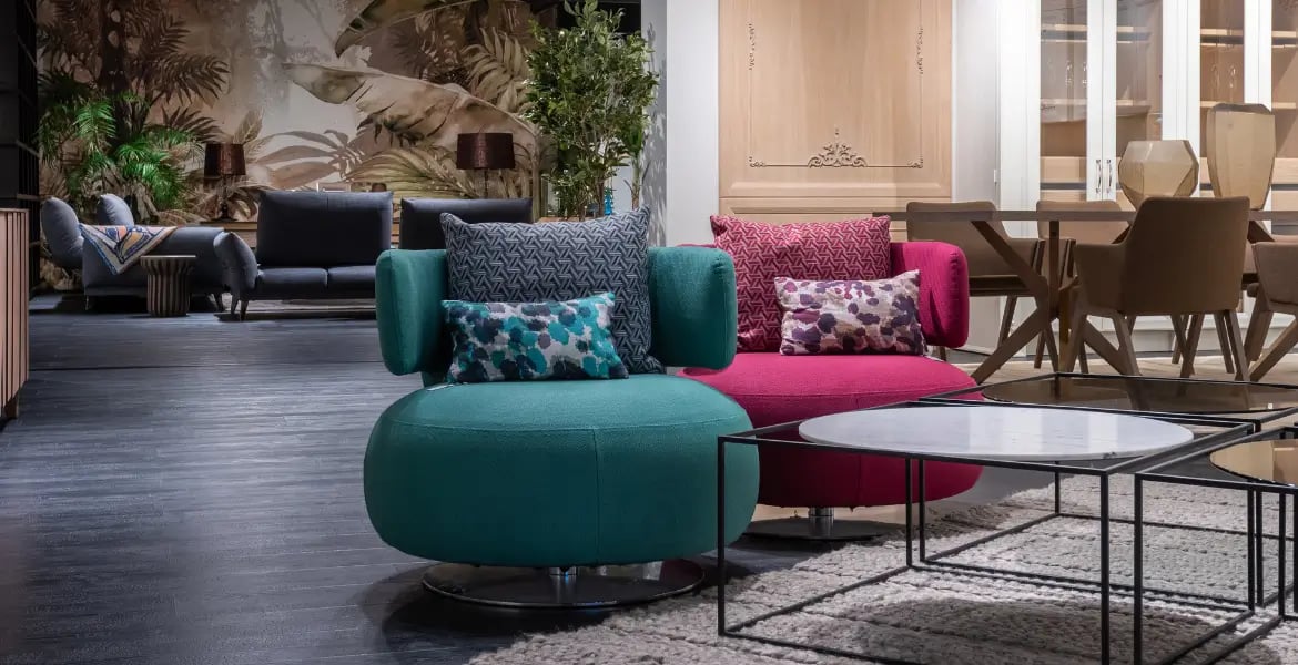 Bold custom Art Deco furniture featuring vibrant colors, curved silhouettes, and rich fabric textures – a modern luxury interpretation by Bold Bespoke Design in the UAE.