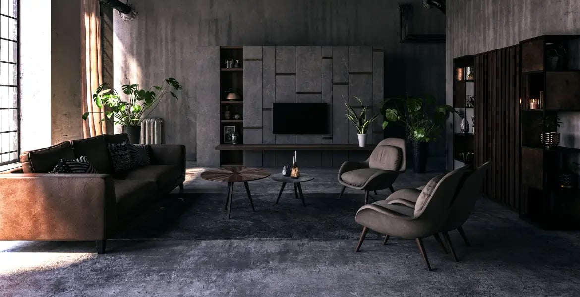 Industrial custom furniture with raw concrete textures, exposed materials, and minimalist design – modern loft-style living room by Bold Bespoke Design in the UAE