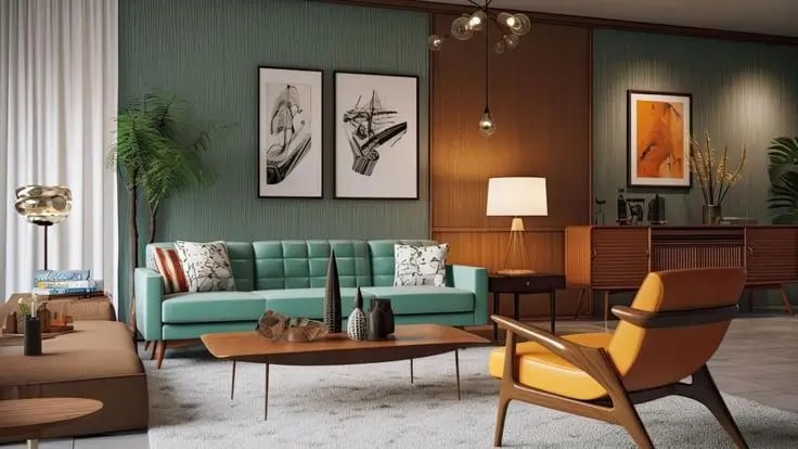Mid-century modern living room with custom furniture featuring clean lines, wooden accents, and retro colors – designed by Bold Bespoke Design in the UAE