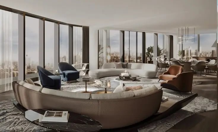 Contemporary custom furniture with sleek lines, metallic finishes, and artistic lighting – a luxurious living room design by Bold Bespoke Design in the UAE.