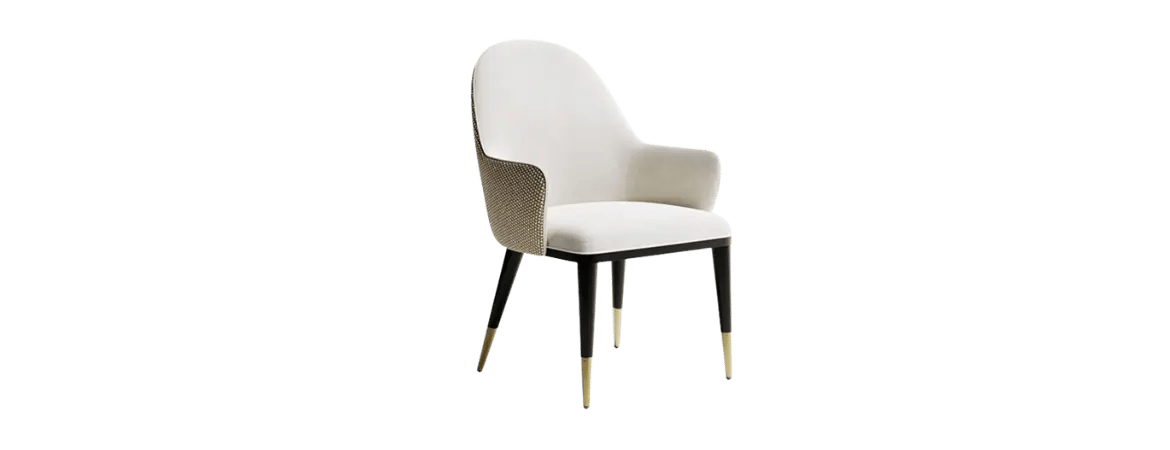 Modern custom restaurant chair with upholstered seat, curved backrest, and gold-tipped black legs – luxury dining furniture by Bold Bespoke Design UAE.