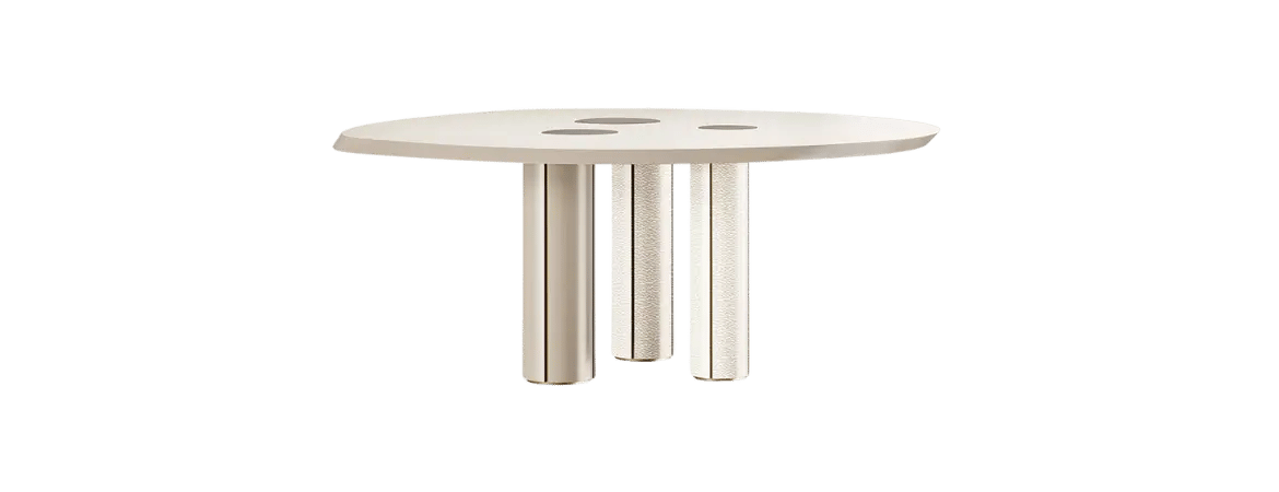 Modern custom restaurant table with round beige top and unique textured metal legs – luxury dining table by Bold Bespoke Design UAE.