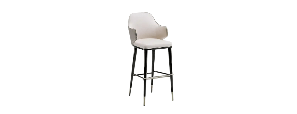 Elegant custom restaurant bar stool with upholstered seat, curved backrest, and metal legs with gold tips – designed by Bold Bespoke Design UAE.