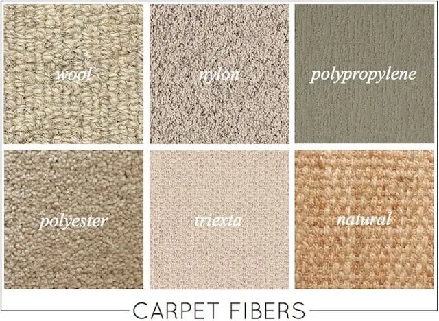 Close-up samples of various carpet fibers including wool, nylon, polypropylene, polyester, triexta, and natural fibers.