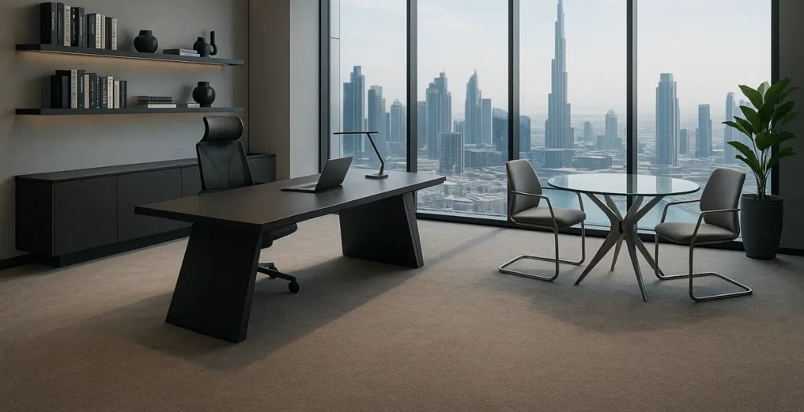 Minimalist office design in Dubai with custom wall-to-wall carpet, ergonomic chairs, and a glass table overlooking the Burj Khalifa skyline.