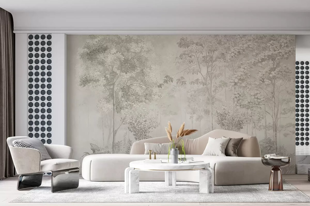 Modern living room with elegant forest wallpaper design as a feature wall, complementing contemporary neutral furniture and minimalist interior style.