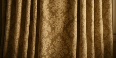Elegant golden damask curtains with intricate floral patterns, adding a touch of sophistication and luxury to any space.
