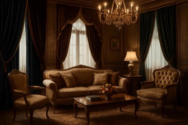 Luxurious living room with opulent velvet drapes in deep blue and rich burgundy, complemented by antique furniture, a crystal chandelier, and soft lighting, creating an elegant, vintage atmosphere.