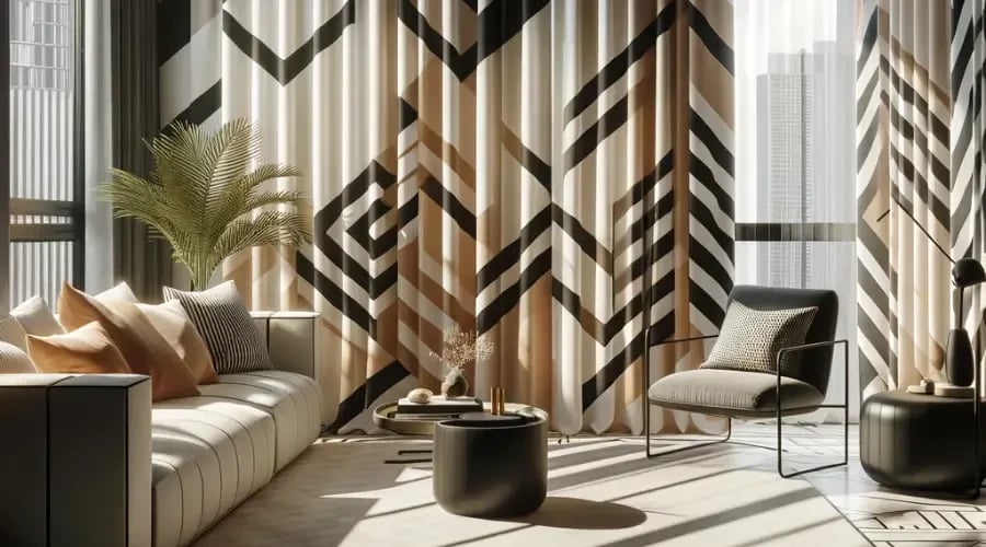 Living room featuring bold geometric pattern curtains in black, white, and beige, adding a modern and dynamic touch to the minimalist furniture and bright, sunlit space.