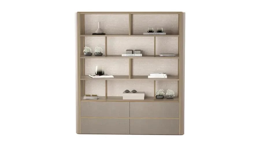 Modern beige bookshelf with open shelving and two drawers, designed by BOLD Bespoke Design for stylish storage and display.