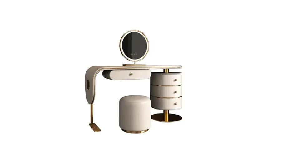 Luxury makeup dresser set with a round illuminated mirror, curved design, three side drawers, and matching upholstered stool in a contemporary style.