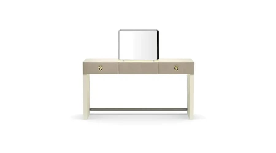 Modern vanity table with a rectangular mirror and minimalist design, featuring three drawers and elegant hardware.