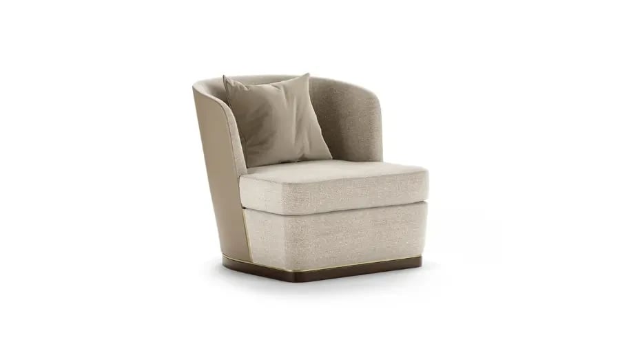Modern accent chair with soft beige upholstery, a curved backrest, and a matching cushion for contemporary bedroom or living room interiors.