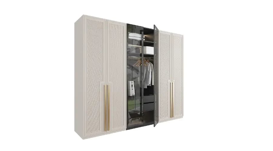 Modern wardrobe cabinet with elegant cream-colored doors, gold handles, and a central glass section showcasing organized hanging clothes and shelves.
