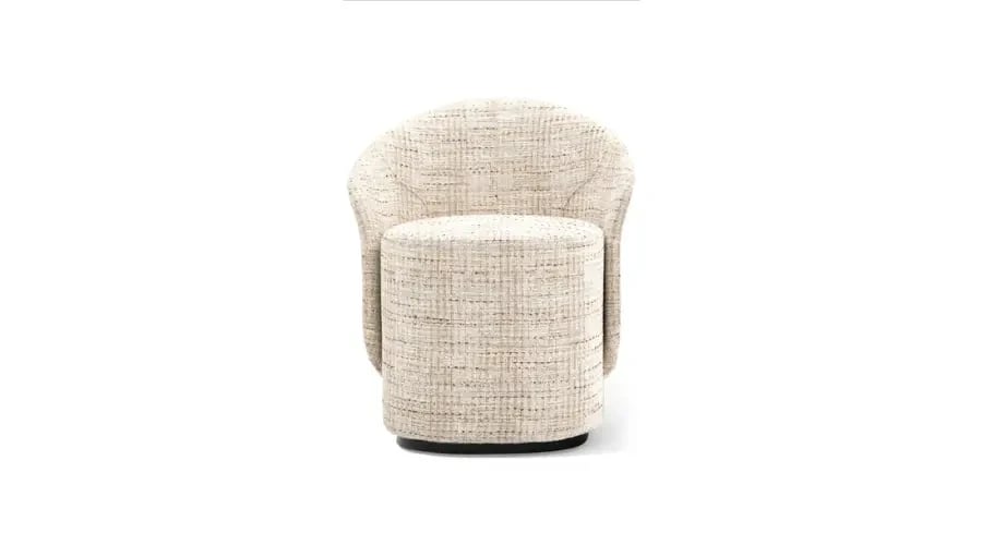 Modern upholstered pouf with a curved backrest and textured beige fabric, ideal for stylish bedroom seating.