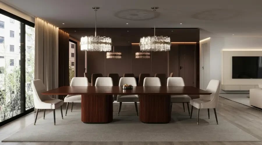 Elegant modern dining room design furniture with custom wood dining table and upholstered chairs in a luxury Dubai apartment