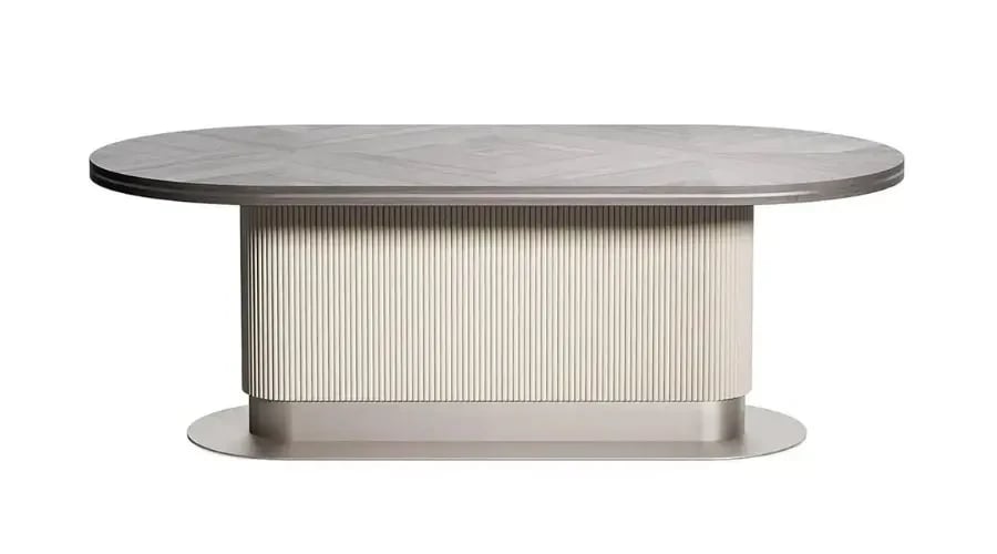Custom oval dining table designed for modern dining room design furniture with textured base and elegant surface