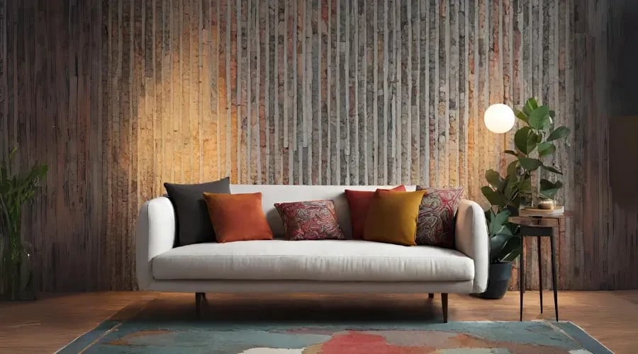 Modern minimalist sofa with mixed colorful cushions in a cozy contemporary living room interior