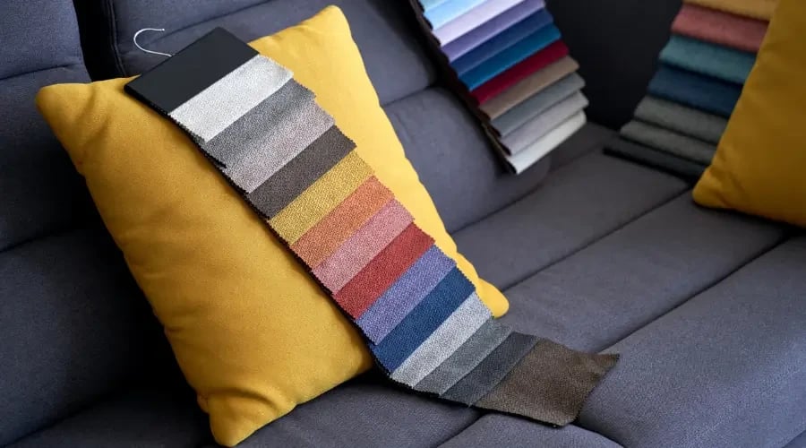 Colorful upholstery fabric samples for custom-made sofas and furniture design selection