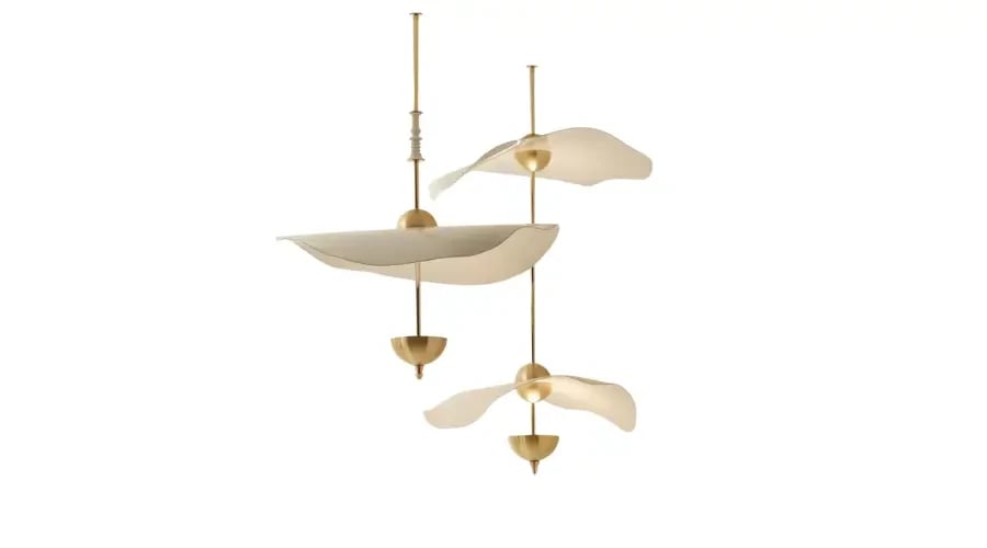 Modern sculptural pendant light with flowing leaf-like forms in gold finish for elegant contemporary spaces