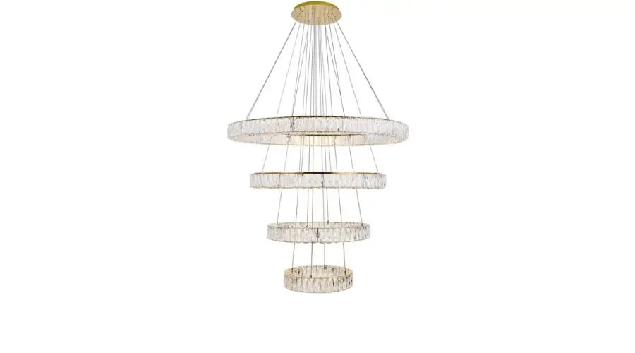 Luxury multi-tier crystal chandelier with five circular layers suspended from gold ceiling mount for grand interiors