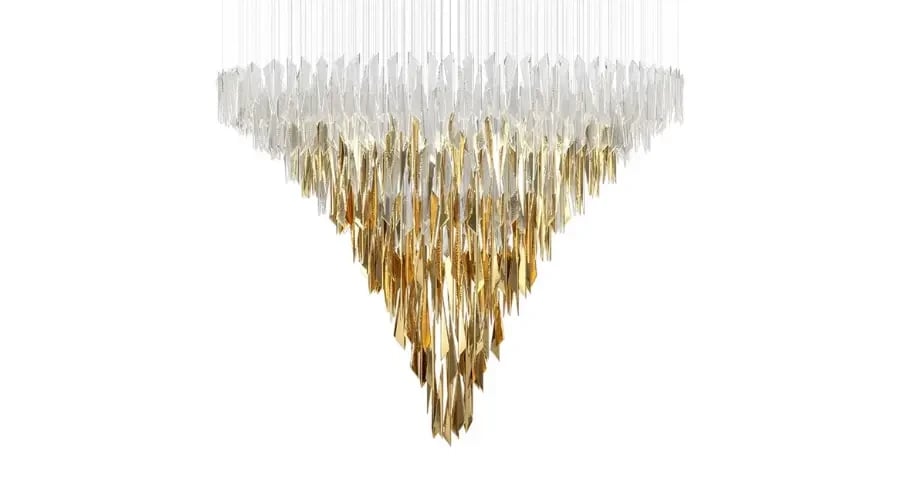 Luxury inverted chandelier with cascading gold and clear glass elements, ideal for high-ceiling spaces