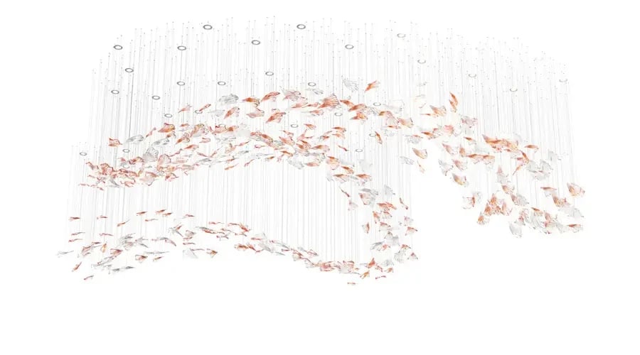 Custom ceiling chandelier with cascading glass leaves in red and clear tones for artistic luxury interiors