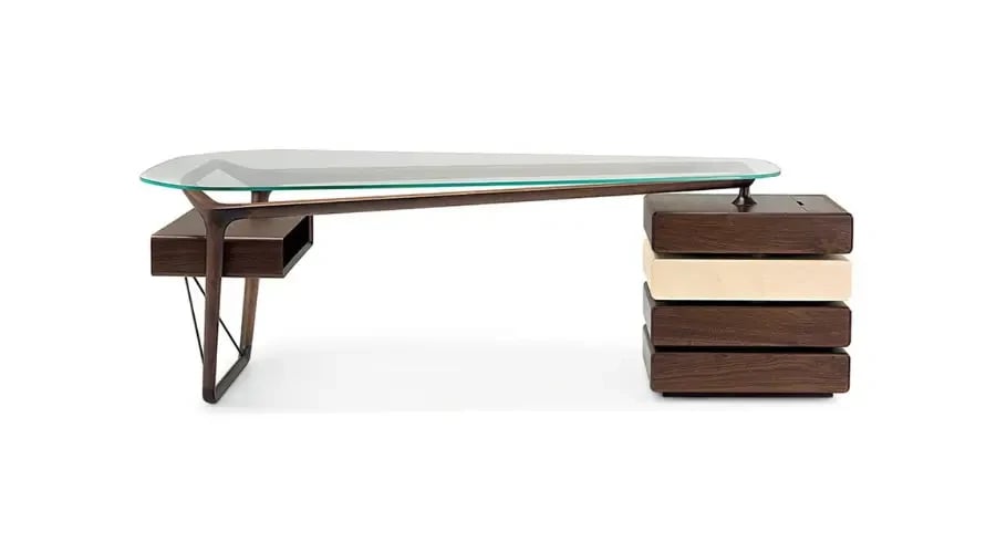 Contemporary custom-made office desk with glass top and artistic wooden base – unique design for upscale executive environments.