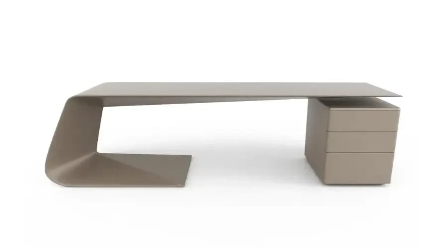 Minimalist custom office desk with curved base and integrated storage drawers – handcrafted for modern workspaces in the UAE.