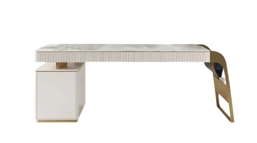 Modern custom-made office desk with artistic metal leg and fluted detailing – bespoke design for elegant executive workspaces.