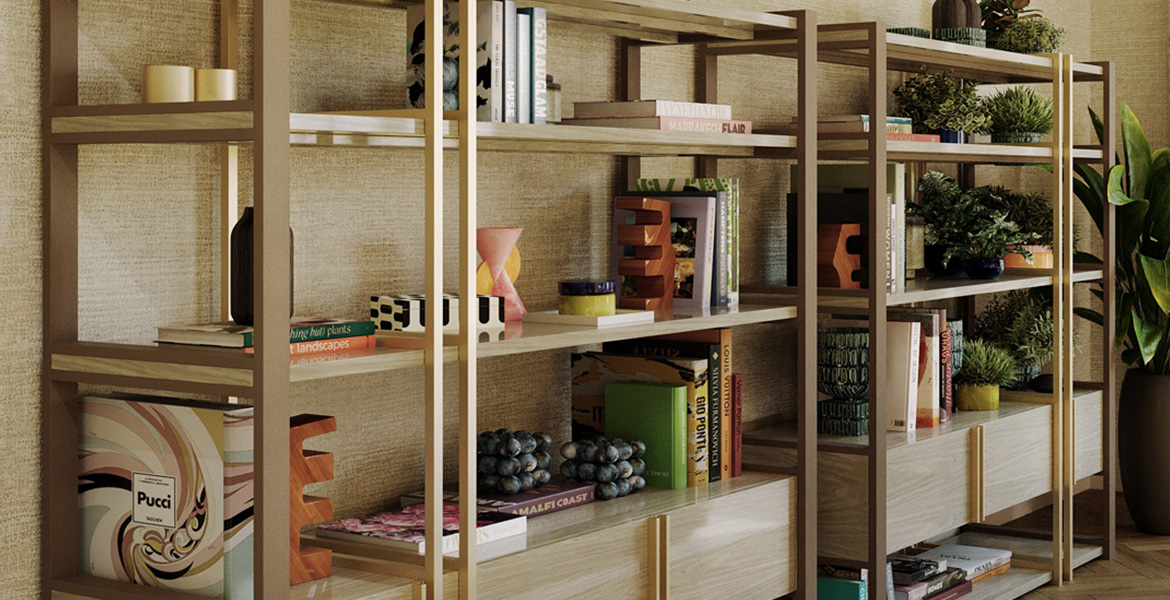 Gold and Black Shelving Unit