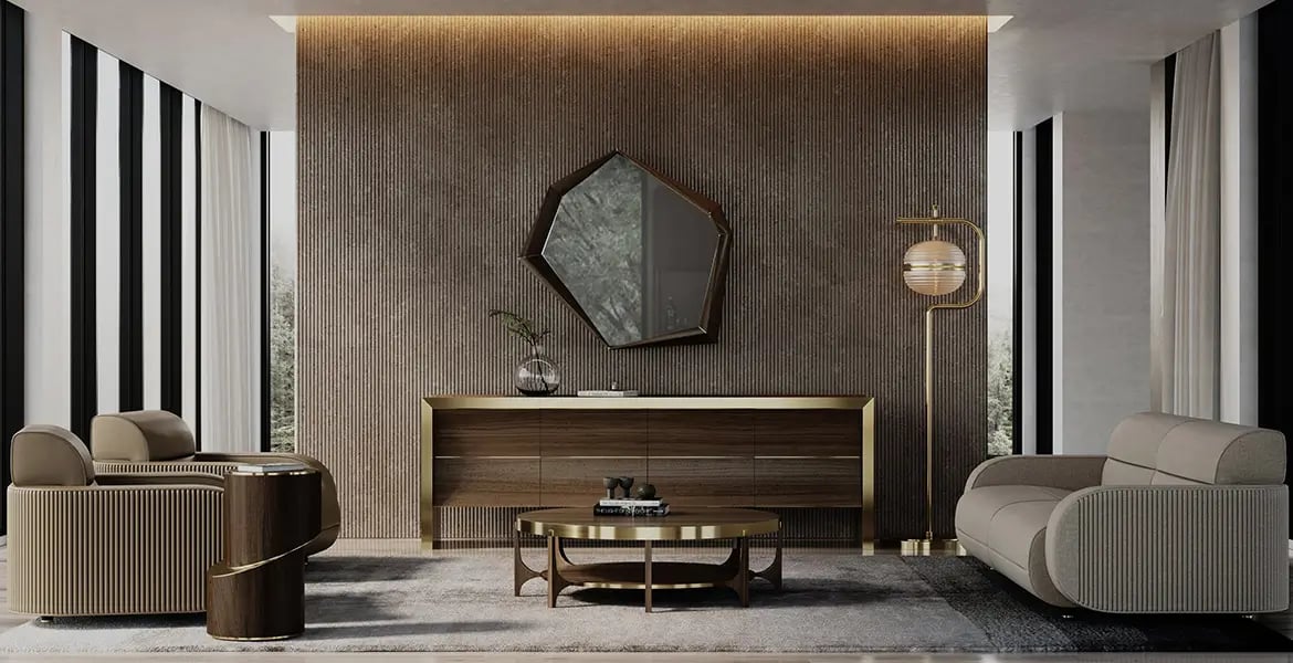 مرآة بإطار خشب وتصميم هندسي