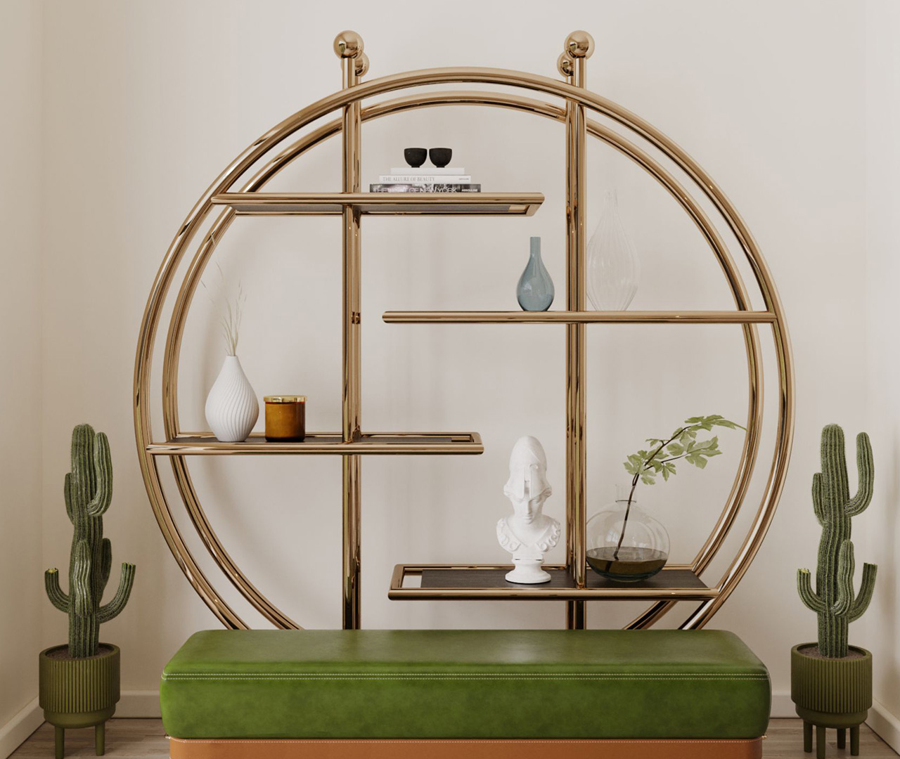 Wood and Brass Shelving Unit