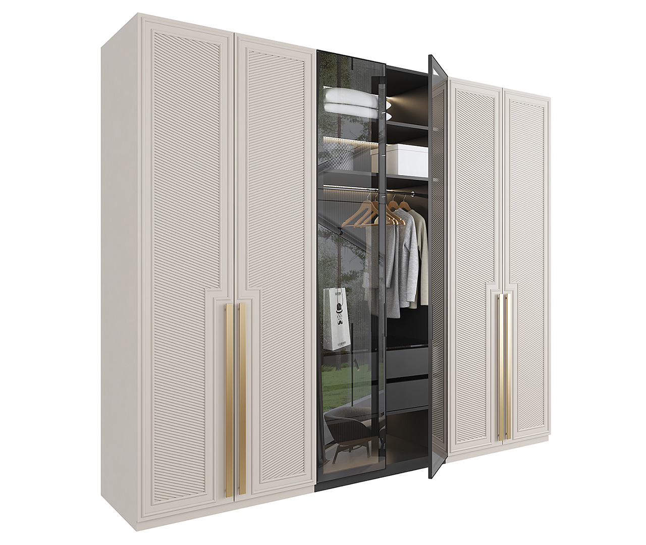 خزانة ملابس بأبواب زجاجية وابواب خشبية منقوشة هندسياً