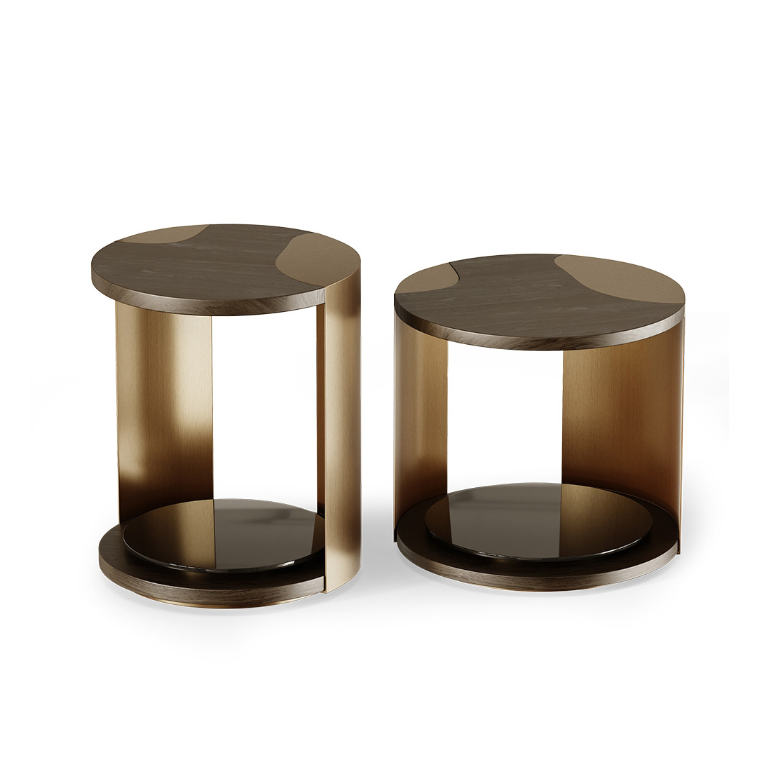 Round Wood and Brass Side Table