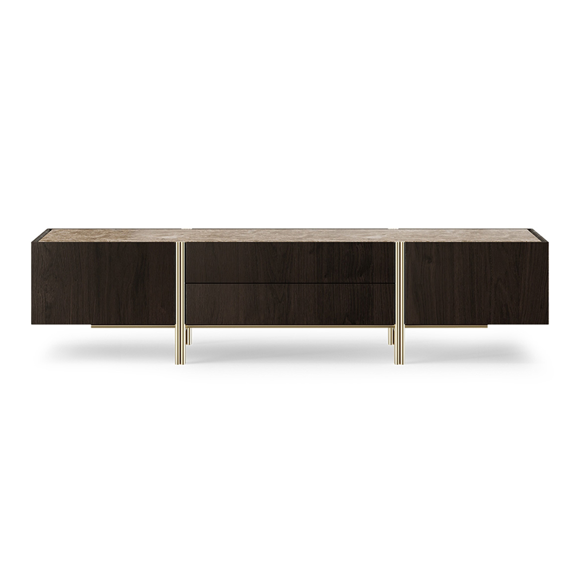 Wood Veneer and Stainless Steel TV Unit