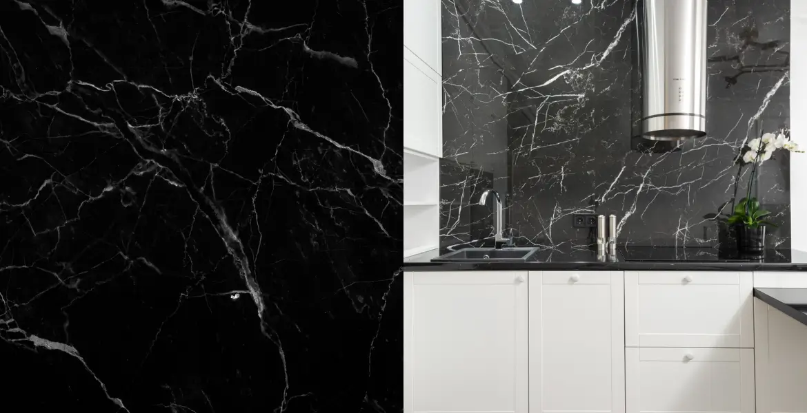 Elegant Black Marble Slab – Nero Marquina with Striking White Veins for Luxurious Walls, Floors, and Tables.