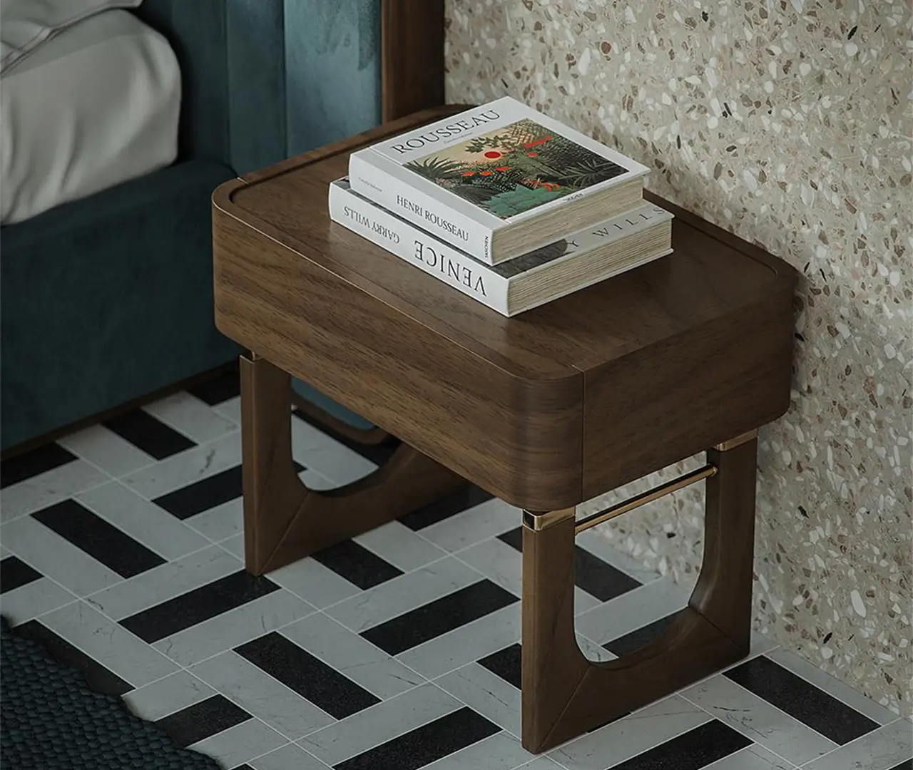 Elegant Wood and Brass Bedside Table